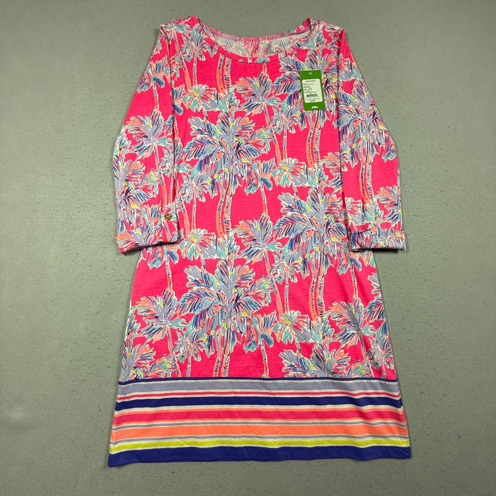 Lilly Pulitzer Linden Dress Flamingo Pink Nice Stems Palm Tree Pima Cotton S - Picture 2 of 8